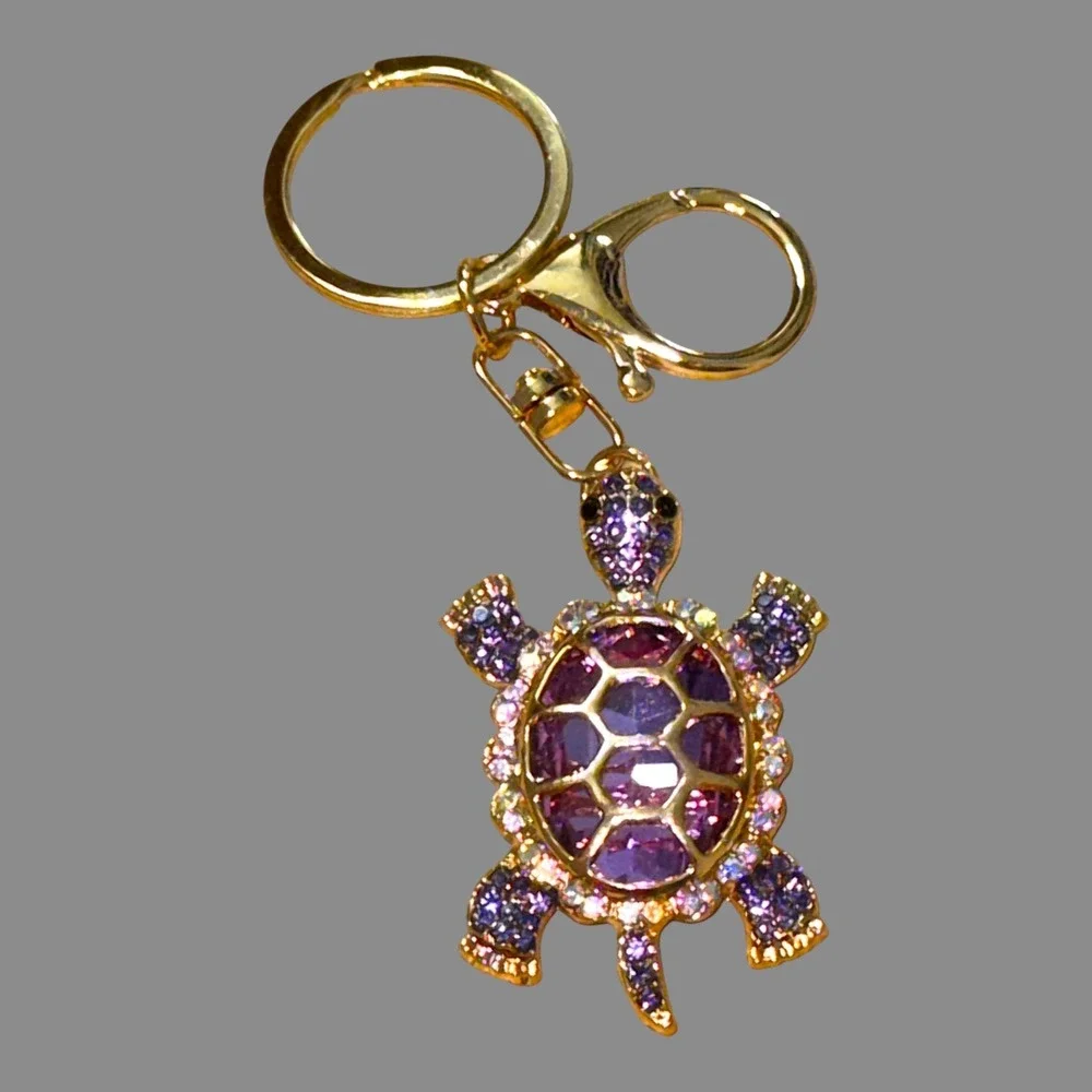 New Amethyst Purple Rhinestone Gold Tone Turtle Keychain Bag Charm